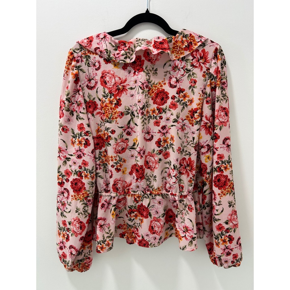 Old Navy Pink Floral Ruffle V-Neck Peplum Tie Front Blouse Long Sleeve Tall L - Picture 8 of 11